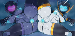 Rule 34 | 2futa, 30 minutes missions, after anal, anus, blue anus, blue nipples, blue pussy, breasts, colored nipples, colored pussy, cum, cum on body, cum on lower body, embarrassed, exm-h15d acerby type d, exm-h15e acerby type e, gaping anus, helmet, lying, medium breasts, multiple futa, multiple girls, one leg raised, pochincoff, presenting, pussy, robot girl, spread legs, trembling