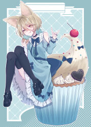 Rule 34 | 1girl, :3, absurdres, alternate costume, animal ears, aqua nails, bare shoulders, black bow, black choker, black shoes, black thighhighs, blue bow, blue bowtie, blue dress, blue ribbon, blush, bow, bowtie, breasts, cherry, choker, closed mouth, clothing cutout, collared dress, commentary request, cupcake, dress, food, footwear bow, fox ears, fox girl, fox shadow puppet, fox tail, frilled dress, frilled shirt collar, frilled sleeves, frills, fruit, full body, hair between eyes, hands up, heart, highres, holding, holding food, icing, juliet sleeves, knees together feet apart, kudamaki tsukasa, licking lips, long bangs, long sleeves, looking at viewer, medium hair, mizore arius, multicolored hair, outline, outside border, polka dot, polka dot background, puffy sleeves, ribbon, shoes, shoulder cutout, sitting, sitting on food, skindentation, sleeve ribbon, small breasts, solo, sprinkles, tail, tail bow, tail ornament, thighhighs, tongue, tongue out, touhou, two-tone hair, white outline, yellow eyes