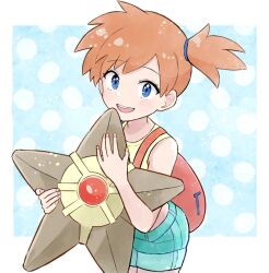 1girl asymmetrical_hair blue_eyes blush cowboy_shot creatures_(company) denim denim_shorts female_focus game_freak gen_1_pokemon gym_leader hair_between_eyes hair_tie highres holding hug looking_at_viewer misty_(pokemon) nintendo open_mouth orange_hair pokemon pokemon_(anime) pokemon_(classic_anime) ponytail short_hair short_shorts shorts side_ponytail simple_background smile solo staryu suspenders