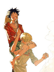 2boys black_hair blonde_hair closed_eyes commentary eating facial_hair goatee hat highres male_focus monkey_d._luffy multiple_boys mustache on_shoulder one_piece red_shirt sanji_(one_piece) scar scar_on_chest scar_on_face shirt short_hair simple_background smile smoke straw_hat striped_clothes striped_shirt tio7tio8 vertical-striped_clothes vertical-striped_shirt white_background