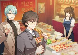 1girl 2boys apron black_apron black_shirt box brown_hair chewing coat commentary eating ebbilin english_commentary food_request green_hair grey_coat grey_jacket hair_over_eyes hair_over_one_eye han_jumin holding holding_skewer jacket korean_text multiple_boys open_mouth ponytail protagonist_(susanghan_messenger) shirt skewer susanghan_messenger translation_request v v_(susanghan_messenger) white_shirt zen_(susanghan_messenger)