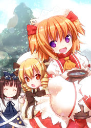 Rule 34 | 3girls, :d, :o, ^ ^, alcohol, ascot, black hair, blonde hair, blue dress, blue sky, bow, brown eyes, closed eyes, day, dress, drill hair, closed eyes, fang, hair bow, hat, jar, kiira, lens flare, long sleeves, looking at viewer, luna child, multiple girls, open mouth, purple hair, red dress, sake, sky, smile, star sapphire, sunny milk, touhou, tree, twintails, white dress, wide sleeves