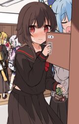Rule 34 | 4girls, aqua (konosuba), bag, black shirt, black skirt, blonde hair, blush, character request, chocolate, chris (konosuba), cowboy shot, darkness (konosuba), grey hair, grey jacket, hair ornament, heart, highres, holding, holding bag, indoors, jacket, kono subarashii sekai ni shukufuku wo!, long sleeves, megumin, multiple girls, open mouth, pleated skirt, red eyes, school, school uniform, shirt, short hair, skirt, sweatdrop, wavy mouth, yuno (suke yuno)