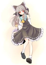 1girl alternate_color arm_behind_back ascot bare_shoulders blush bow daikon detached_sleeves dress female_focus food gradient_background grey_hair hair_bow hair_tubes hakurei_reimu highres ishikkoro long_hair looking_at_viewer oden radish red_eyes solo touhou