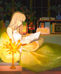 1girl absurdres arknights blonde_hair book candle candlelight commentary_request elf flower from_side highres holding holding_book indoors lyuqiu muelsyse_(arknights) night nightgown on_bed orange_eyes pointy_ears reading red_flower rhine_lab_logo seven-segment_display sitting solo vase white_nightgown