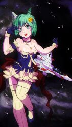 1980s_(style) alternate_costume blue_dress blue_eyes blue_shirt carrot dress elkiritgsuwu green_hair highres macross macross_frontier oldschool retro_artstyle seiun_sky_(umamusume) shirt socks space umamusume vf-1 yellow_socks