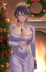 1girl blonde_hair blush bow breasts christmas_ornaments christmas_tree christmas_wreath closed_mouth commentary covered_navel cup dongtan_dress dress drink earrings english_commentary feather_earrings feather_necklace feathers fire fireplace gradient_hair hair_between_eyes hair_bun highres holding holding_cup huge_breasts jewelry lua_asuka meme_attire multicolored_hair necklace production_kawaii purple_dress purple_hair red_bow second-party_source smile solo star_(symbol) streaked_hair virtual_youtuber wreath yellow_bow yobi_(ybpac18)