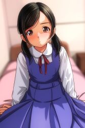 1girl arm_support bed bedroom black_hair blue_dress blush brown_eyes dress long_hair long_sleeves looking_at_viewer low_twintails matsunaga_kouyou neck_ribbon on_bed open_mouth original red_ribbon ribbon school_uniform shirt sitting sleeveless sleeveless_dress twintails white_shirt