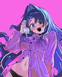 1girl absurdres black_choker black_eyes black_panties blue_eyes blue_hair breasts choker commentary corded_phone crying crying_with_eyes_open english_commentary hair_intakes heart heart_in_eye heterochromia highres holding holding_phone hololive hololive_english long_hair long_sleeves medium_breasts navel old_metal_666 open_mouth ouro_kronii panties partially_unbuttoned phone pink_background purple_shirt shirt simple_background solo symbol_in_eye tears underwear virtual_youtuber
