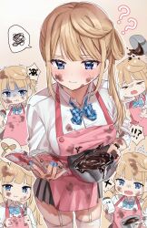 !? 1girl ? ?? aoba_miu apron blonde_hair blood blue_bow blue_bowtie blue_eyes blue_nails blush bow bowl bowtie breasts chigusa_minori chocolate_making closed_mouth clumsy collared_shirt commentary_request cowboy_shot cut_finger disgust dress_shirt garter_straps gradient_background grey_skirt hair_rings highres holding holding_bowl injury knife kokoro_iroduku_koi_ga_shitai large_breasts looking_at_viewer messy mixing_bowl multiple_views nail_polish official_alternate_hairstyle outline pink_apron plaid_bow plaid_bowtie plaid_clothes pleated_skirt school_uniform shirt side_ponytail simple_background single_hair_ring skindentation skirt skull_and_crossbones spoken_squiggle squiggle sweatdrop tearing_up thighhighs valentine white_background white_outline white_shirt white_thighhighs zettai_ryouiki