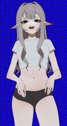 1girl :d absurdres anemoneeanemone bare_arms bare_legs black_buruma black_eyes borrowed_character breasts buruma cowboy_shot cropped_shirt grey_hair hair_intakes highres long_hair long_pointy_ears looking_at_viewer mavie_(justadrian) medium_breasts midriff navel open_mouth original pale_skin pointy_ears shaded_face shirt short_sleeves sidelocks simple_background smile solo t-shirt teeth upper_teeth_only white_shirt