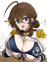 1girl ahoge anchor_print bikini blue_bikini breasts brown_hair chamumi_(mochiumee) cleavage drunk epaulettes female_admiral_(kancolle) gloves green_eyes jacket kantai_collection large_breasts looking_at_viewer medium_hair military_jacket mole mole_on_breast open_mouth original paizuri_gesture partially_fingerless_gloves simple_background smile solo swimsuit tongue white_background white_gloves white_jacket