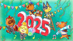 2025 2girls 4boys ancient_egyptian_clothes animal_crossing animal_crossing:_new_horizons ankha_(animal_crossing) apron aqua_eyeshadow bad_tag balloon beamed_eighth_notes blue_eyes blue_fur blue_hat blue_shirt blue_sleeves blue_tail blush_stickers bow bowtie brothers brown_fur brown_tail cat_girl closed_eyes colored_inner_animal_ears commentary_request confetti dated_commentary dog_girl dress dress_pants eighth_note elmer_(animal_crossing) employee_uniform eyelashes eyeshadow floppy_ears formal_clothes frown furry furry_female furry_male green_hat grey_pants grey_shoes grey_skirt grey_suit hair_tie half_updo hat highres holding holding_balloon holding_party_popper holding_string holding_unworn_clothes holding_unworn_hat hooves isabelle_(animal_crossing) jacket ladder lapels leaf_print legs_apart long_sleeves makeup mane multiple_boys multiple_girls musical_note new_year nintendo notched_lapels official_art on_ladder pants party party_hat party_popper pencil_skirt pennant print_apron print_hat red_bow red_bowtie red_hat second-party_source shih_tzu shirt shoes short_sleeves siblings skirt skirt_set sleeveless sleeveless_dress standing star_(symbol) star_ornament star_print string suit teeth timmy_(animal_crossing) tom_nook_(animal_crossing) tommy_(animal_crossing) topknot twins unworn_hat unworn_headwear upper_teeth_only usekh_collar white_dress white_jacket white_sleeves white_undershirt yellow_apron yellow_fur yellow_tail