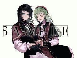 Rule 34 | 2girls, ascot, bang dream!, bang dream! it&#039;s mygo!!!!!, beret, black capelet, black gloves, black skirt, black vest, blue eyes, capelet, chinese commentary, closed mouth, commentary request, cracy logan, earrings, flower stand art, gloves, green brooch, grey hair, half gloves, hat, highres, holding hands, jewelry, long hair, medium hair, mortis (bang dream!), mortis (costume) (bang dream!), multiple girls, open mouth, red capelet, red hat, sample watermark, simple background, skirt, timoris (bang dream!), vest, wakaba mutsumi, watermark, white ascot, white background, yahata umiri, yellow eyes