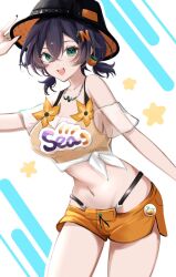 1girl belle_(summer_skies)_(zenless_zone_zero) belle_(zenless_zone_zero) bikini bikini_top_under_shirt blue_hair breasts bucket_hat clothes_writing cowboy_shot green_eyes hand_on_headwear hat highres jewelry medium_breasts memi_58 navel necklace official_alternate_costume open_mouth orange_bikini orange_shorts shirt short_hair short_shorts shorts smile solo stomach swimsuit thighs tied_shirt white_shirt zenless_zone_zero