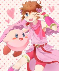 ahoge alternate_color angel angel_wings bike_shorts blue_eyes blush_stickers brown_hair colored_skin gold_thighlet heart highres kid_icarus kid_icarus_uprising kirby kirby_(series) laurel_crown male_focus nari_(naridao0814) nintendo one_eye_closed pink_skin pink_theme pit_(kid_icarus) super_smash_bros. v v_over_eye wings