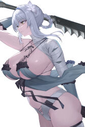 1girl arm_behind_back arm_up braid breasts commission flower hair_flower hair_ornament highres holding kaine_(nier) kaneko_(bblogtinhan) large_breasts navel nier nier_(series) parted_lips pixiv_commission simple_background solo weapon white_hair yellow_eyes