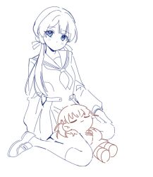 2girls between_legs blue_theme blush chibi closed_eyes closed_mouth commentary dkou dot_mouth dress full_body hair_ornament hair_ribbon hasu_no_sora_school_uniform highres hinoshita_kaho link!_like!_love_live! loafers long_hair long_sleeves love_live! low_twintails lying mole mole_on_neck multiple_girls multiple_monochrome murano_sayaka neckerchief on_back orange_theme pleated_dress rabbit_hair_ornament ribbon sailor_collar sailor_dress school_uniform shoes short_dress simple_background sitting smile twintails two_side_up virtual_youtuber wariza white_background winter_uniform