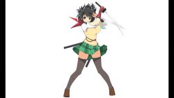 1girl absurdres asuka_(senran_kagura) black_hair breasts brown_eyes brown_shoes brown_vest covered_erect_nipples dual_wielding gluteal_fold green_skirt grey_thighhighs hair_ribbon highres holding holding_sword holding_weapon large_breasts legs_apart non-web_source official_art pillarboxed ponytail red_scarf ribbon scarf senran_kagura senran_kagura_burst shirt shoes skirt solo sword thighhighs vest weapon white_background white_ribbon white_shirt yaegashi_nan zettai_ryouiki