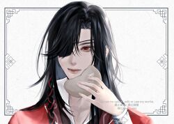 Rule 34 | 1boy, artist name, bishounen, black hair, bracer, braid, chinese clothes, closed mouth, collared shirt, eating, eyelashes, eyepatch, food, hair over one eye, hand up, hanfu, highres, holding, holding food, hua cheng, inset border, long hair, looking at viewer, male focus, ojisan rbt, one eye covered, portrait, red eyes, red hanfu, shirt, side braid, single braid, solo, steamed bun, tianguan cifu, twitter username, upper body, watermark, white background