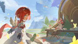 1635919987 3girls absurdres bird black_hairband bloomers blue_eyes blue_sky bug butterfly cloud dress envelope full_body hair_over_one_eye hairband highres honkai:_star_rail honkai_(series) insect looking_at_viewer multiple_girls open_mouth parted_lips pointing pointing_up red_eyes sitting sky standing trianne_(honkai:_star_rail) tribbie_(honkai:_star_rail) trinnon_(honkai:_star_rail) underwear white_blindfold white_bloomers white_dress