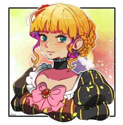 1girl absurdres beatrice_(umineko) blue_eyes border bow bowtie braid breasts bug butterfly closed_mouth commentary english_commentary highres insect large_breasts looking_at_viewer outline outside_border pink_bow pink_bowtie puffy_sleeves sidelocks signature smile solo umineko_no_naku_koro_ni upper_body wavy_hair white_border white_butterfly white_outline zucchinidraws