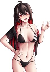 1girl absurdres ahoge bell bikini black_bikini black_hair black_jacket breasts collarbone colored_inner_hair commentary_request cowbell highres honkai_(series) honkai_impact_3rd jacket korean_commentary long_hair looking_at_viewer medium_breasts multi-strapped_bikini_bottom multicolored_hair navel official_alternate_costume open_mouth pyeong_il red_eyes red_hair seele_(alter_ego) seele_vollerei simple_background solo stomach swimsuit thighs two-tone_hair white_background