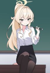 Rule 34 | 1girl, black pantyhose, black skirt, blonde hair, blue archive, breasts, chalkboard, green eyes, halo, highres, long hair, looking at viewer, nanju bami, official alternate costume, official alternate hairstyle, pantyhose, ponytail, professor niyaniya (blue archive), professor niyaniya (teacher) (blue archive), shirt, skirt, small breasts, solo, white shirt, yellow halo