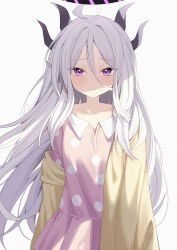 1girl absurdres ahoge blue_archive breasts commentary demon_girl demon_horns demon_wings highres hina_(blue_archive) hina_(pajamas)_(blue_archive) horns jacket long_hair looking_at_viewer pajamas pink_pajamas polka_dot polka_dot_pajamas purple_eyes simple_background small_breasts solo wendao white_background white_hair wings yellow_jacket