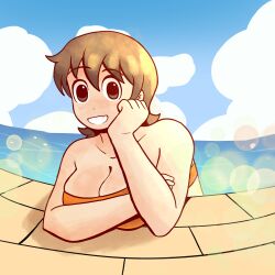 1girl aioi_yuuko bra breasts brown_eyes brown_hair cleavage closed_mouth cloud collarbone dot_nose dozo_gon hand_on_own_cheek hand_on_own_face happy huge_breasts light_particles looking_at_viewer nichijou orange_bra pool short_hair sky smile sports_bra teeth underwear water