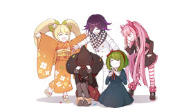 1boy 4girls age_difference black_dress black_footwear black_jacket black_legwear black_skirt blonde_hair blush boots bow bowtie cat_hair_ornament checkered_clothes checkered_scarf child closed_eyes closed_mouth danganronpa_(series) danganronpa_2:_goodbye_despair danganronpa_another_episode:_ultra_despair_girls danganronpa_v3:_killing_harmony dress fake_horns fingers_together floral_print green_bow green_hair hair_ornament hairband hand_on_own_head hand_up hangs hat headband horned_headwear horns jacket japanese_clothes kimono kneeling long_hair medium_hair messy_hair multiple_girls neck_ribbon obi oma_kokichi open_mouth orange_kimono outstretched_arms palms pants pink_eyes pink_hair pink_hairband pink_headband pink_headwear pink_horns pleated_skirt polka_dot polka_dot_bow purple_hair red_bow red_hair red_hairband red_headband red_headwear red_ribbon red_skirt ribbon saionji_hiyoko sash scarf simple_background sitting skirt standing striped_leggings tongue towa_monaca twintails utsugi_kotoko white_background white_jacket white_legwear white_pants witch_hat yellow_obi yumeno_himiko