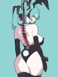 1girl absurdres alternate_costume animal_ears aqua_background aqua_hair ass back backless_leotard bare_shoulders black_gloves black_leotard black_thighhighs closed_mouth commentary_request elbow_gloves fake_animal_ears fake_tail gloves hatsune_miku highres leotard microphone playboy_bunny rabbit_ears rabbit_tail red_eyes simple_background solo tail thighhighs twintails vocaloid vxdrq