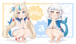 2girls a_(phrase) absurdres ameneko_kuro animal_costume animal_ears barefoot blonde_hair blue_eyes blue_hair blue_hoodie blush breasts cat_ears closed_mouth commentary dress feet fins fish_girl fish_tail full_body gawr_gura gawr_gura_(1st_costume) grin hair_ornament highres hololive hololive_english hood hoodie indie_virtual_youtuber lifebuoy_hair_ornament long_hair looking_at_viewer low_twintails medium_hair multicolored_hair multiple_girls one_side_up sameko_saba shark_costume shark_girl shark_hair_ornament shark_tail sharp_teeth sleeveless sleeveless_dress small_breasts smile streaked_hair tail teeth twintails two_side_up very_long_hair virtual_youtuber voice_actor_connection white_dress white_hair