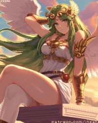 1girl angel_wings bare_shoulders breasts collarbone crossed_legs dress earrings feathered_wings forehead_jewel green_eyes green_hair itzah jewelry kid_icarus large_breasts long_hair missing_commentary nintendo palutena panties_peek pixel_art single_thighhigh sitting solo strapless strapless_dress thighhighs upskirt white_dress white_thighhighs white_wings wings