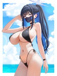 1girl absurdres alternate_costume bikini black_bikini black_choker black_hair black_mask blue_archive blue_hair blue_halo border breasts choker cleavage commentary_request grey_eyes hair_intakes halo hand_up highleg highleg_bikini highres large_breasts long_hair looking_at_viewer mask mizikayo mouth_mask multicolored_hair navel ocean outside_border ponytail saori_(blue_archive) sidelocks solo standing stomach swimsuit thighs two-tone_hair white_border wristband