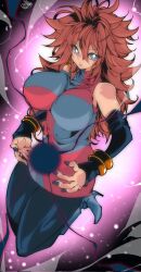 1girl android_21 bare_shoulders black_lightning black_nails blue_eyes breasts checkered_clothes checkered_dress detached_sleeves dragon_ball dragon_ball_fighterz dragonball_z dress earrings electricity energy energy_ball glowing highres hoop_earrings jewelry kinakomochi_(user_vedc2333) large_breasts lightning long_hair looking_at_viewer medium_breasts multicolored_dress open_mouth plasma powering_up red_ribbon_army simple_background solo thighs two-tone_dress