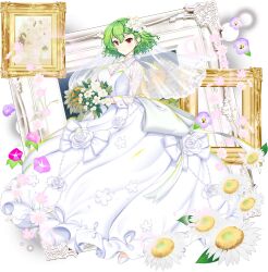 1girl alternate_costume bouquet breasts bridal_veil choker cleavage dress dress_flower earrings flower flower_request frilled_choker frills game_cg green_hair hair_flower hair_ornament highres holding holding_bouquet jewelry kazami_yuuka large_breasts long_dress long_sleeves looking_at_viewer medium_hair official_art painting_(object) pearl_earrings picture_frame pink_flower purple_flower red_eyes rotte_(1109) see-through_clothes see-through_veil shoes solo third-party_source touhou touhou_lostword transparent_background veil wedding_dress white_choker white_dress white_flower white_shoes