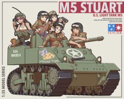 5girls absurdres american_beaver_(kemono_friends) binoculars black_boots black_hair blonde_hair boots burger cat caterpillar_tracks fenuier food french_fries glasses gun gun_port helmet highres m5_stuart machine_gun military military_vehicle motor_vehicle multiple_girls original radio simple_background soldier star_(symbol) tank tank_turret united_states united_states_army weapon world_war_ii