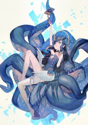 1girl arm_garter arm_up bare_shoulders black_choker black_dress black_gloves blue_eyes blunt_bangs book breasts choker collarbone commentary_request dress floating floating_book floating_object flower_knot full_body gloves hair_spread_out halo headpiece highres hololive hololive_english lack long_hair looking_at_object looking_up low_wings ninomae_ina&#039;nis ninomae_ina&#039;nis_(1st_costume) open_mouth outstretched_arm platform_clogs platform_sandals pointy_ears purple_hair reaching sandals short_dress sidelocks single_thighhigh sitting small_breasts solo strapless strapless_dress tentacle_hair tentacles thigh_strap thighhighs tiara very_long_hair virtual_youtuber white_background wings zouri