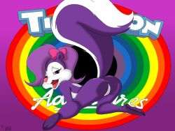 1girl anus ass blue_sclera bow colored_sclera come_hither female_focus fifi_la_fume from_behind furry furry_female hair_bow hair_over_one_eye hsk looking_at_viewer naughty_face open_mouth purple_eyes purple_hair seductive_smile short_hair skunk skunk_girl smile solo tail tiny_toon_adventures tongue