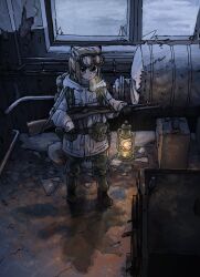 1girl absurdres animal_ears battle_rifle broken_glass brown_eyes brown_hair fox_ears fox_girl fox_girl_(yihan_world) fox_tail glass gloves goggles goggles_on_head gun hair_between_eyes highres holding holding_gun holding_weapon jacket m14 m21 oil_lamp original rifle snow tail weapon white_jacket yihan_world