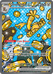Rule 34 | artist name, belt, black belt, building, card (medium), character name, company name, copyright name, copyright notice, english text, full body, gholdengo, gimmighoul, gimmighoul (chest), gimmighoul (roaming), gold skin, metal skin, negishi shigenori, nintendo, official art, open mouth, pokemon, pokemon (creature), pokemon card, pokemon focus, pokemon tcg, smile, solo, surfboard, third-party source, trading card
