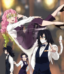 2boys 2girls alternate_costume annoyed black_bow black_bowtie black_hair black_pants black_shoes black_vest blurry blurry_background bow bowtie braid breasts cocktail_glass commentary_request cup drinking_glass green_eyes green_hair heterochromia highres iguro_obanai in_container in_cup kakefu_302 kanroji_mitsuri kimetsu_no_yaiba kochou_shinobu large_breasts looking_at_viewer mole mole_under_each_eye mole_under_eye multicolored_hair multiple_boys multiple_girls multiple_moles one_eye_closed pants pink_hair pointing pointing_at_viewer pulling_another&#039;s_clothes purple_eyes shirt shoes short_hair smile tomioka_giyuu twin_braids two-tone_hair vest waiter waitress watermark white_shirt yellow_eyes
