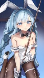 1girl absurdres animal_ears azur_lane bare_shoulders blue_eyes blue_hair blush braid breasts detached_collar from_above gloves high_heels highres holding_cue_stick janus_(a_lesson_in_billiards)_(azur_lane) janus_(azur_lane) leotard long_hair looking_at_viewer looking_up medium_breasts on_table pantyhose playboy_bunny pool_table rabbit_ears sitting skindentation smile solo strapless strapless_leotard table tanoki233 thigh_strap thighs torn_clothes torn_pantyhose twin_braids twintails very_long_hair white_gloves white_leotard