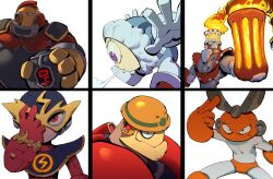 6+boys android arm_cannon bomb bomb_man breath_weapon breathing_ice cut_man elec_man evil_smile explosive fire fire_man garrett_hanna guts_man hand_on_headwear hard_hat helmet highres holding holding_bomb humanoid_robot ice_man looking_at_viewer male_focus mega_man_(classic) mega_man_(series) mega_man_1 multiple_boys parka purple_eyes red_eyes redesign robot smile weapon