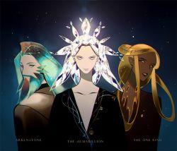 androgynous arkenstone beard blonde_hair crossover crystal_hair dark_skin facial_hair fusion gender_request green_hair houseki_no_kuni tolkien&#039;s_legendarium long_hair looking_at_viewer personification silver_hair the_hobbit the_lord_of_the_rings the_one_ring the_silmarillion upper_body