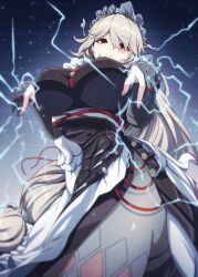 1girl absurdres alexandrina_sebastiane black_dress black_gloves breasts dress gloves grey_hair hair_between_eyes hands_up highres kaiju_ryoku large_breasts long_hair looking_at_viewer maid maid_headdress partially_fingerless_gloves red_eyes screw_hair_ornament smile solo spiked_headband very_long_hair zenless_zone_zero