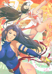 2girls ass black_hair blue_eyes blue_leotard bottomless breasts brown_eyes brown_hair cherry_blossoms crossover fatal_fury female_focus folding_fan bad_tag bad_tag hand_fan highleg highleg_leotard holding holding_fan holding_sword holding_weapon jumping large_breasts legs leotard long_hair looking_at_viewer marvel marvel_super_heroes marvel_vs._capcom marvel_vs._capcom_2 matching_hair/eyes multiple_crossover multiple_girls no_bra no_panties okazuwa_shake petals ponytail psylocke revealing_clothes shiranui_mai sideboob skin_tight smile snk street_fighter street_fighter_6 sword the_king_of_fighters weapon wide_hips