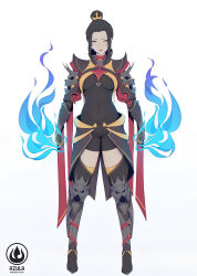 1girl armor armored_boots armored_gloves artist_logo artist_name avatar:_the_last_airbender avatar_legends azula black_hair black_leotard black_shoe boots breasts cameltoe closed_mouth covered_erect_nipples crown dragon_horns dragon_skull english_text eyebrows eyelashes eyeshadow female_focus fire gauntlets gloves half-closed_eyes highres horns large_breasts leotard leotard_under_clothes lips lipstick liya_nikorov logo long_sleeves looking_at_viewer makeup navel nipples pussy queen see-through_clothes shin_guards shoulder_armor side_bangs simple_background skull solo solo_focus standing thick_thighs thighhighs thighs third-party_edit tilted_head topknot white_background yellow_eyes