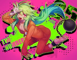Rule 34 | 10s, 1boy, arm up, ball and chain restraint, bandages, bandage over one eye, bandaged arm, bandages, dark skin, fingernails, green hair, hair between eyes, jumpsuit, long hair, male focus, nail polish, nanbaka, nico (nanbaka), no.0, open mouth, prison clothes, red eyes, sharp teeth, solo, tattoo, teeth, v